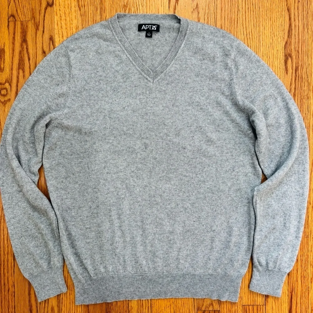 Apt9 Men Large Cashmere Silk V Neck heather gray knit slouchy pullover Sweater